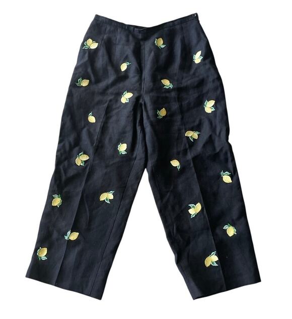 Talbots Pants - Talbots Size 10P Linen Black Lemons Embroidery Crop Chino Vintage High Waist